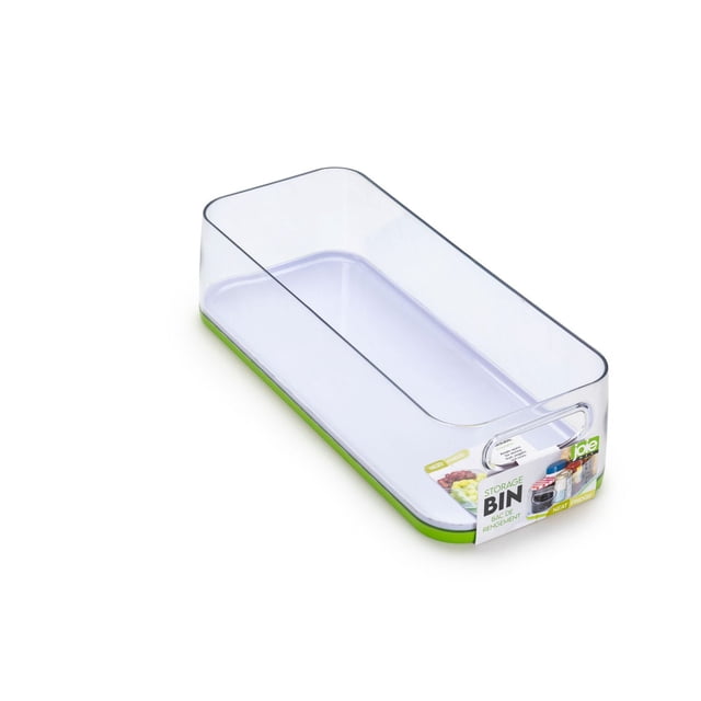 JOIE Bac de Rangement Rectangulaire transparent pour Réfrigérateur avec Côtés Transparents, base Blanche et Bordure Verte, Empilable et Conçu pour Organiser fruits, Légumes et Autres Articles de Cuisine, Convient Aussi au Rangement de Petits Articles de Garde-Manger.