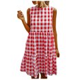 thumbnail image 1 of Robe Babydoll Décontractée d'Été Sans Manches pour Femmes, Col Rond, Fluide, à Volants, en Coton et Lin, Robe Débardeur, Robe à Carreaux avec Poches, 1 of 7