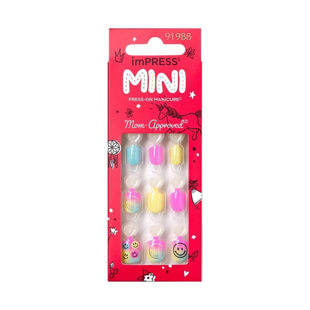 imPRESS Mini Press-On Nails, Handshake, Kids, Squoval Shape, 20 count, in a red package with a clear window displaying 12 pastel kid-sized nails in blue, pink, yellow, and smiley face designs, designed for easy, glue-free application and safe for children's natural nails, suitable for beginner DIY manicures.