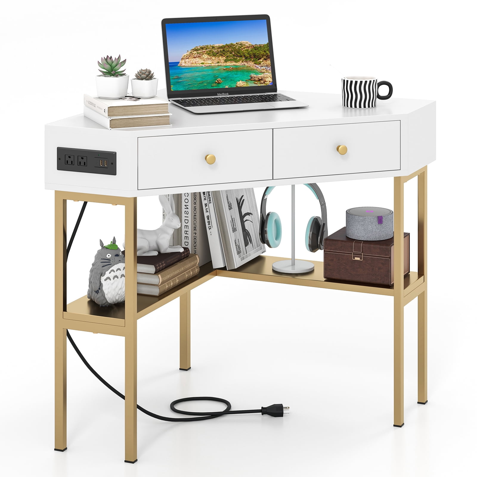 Costway Bureau d'Angle avec Station de Recharge Intégrée Tiroirs de Rangement et Étagères Ouvertes Bureau