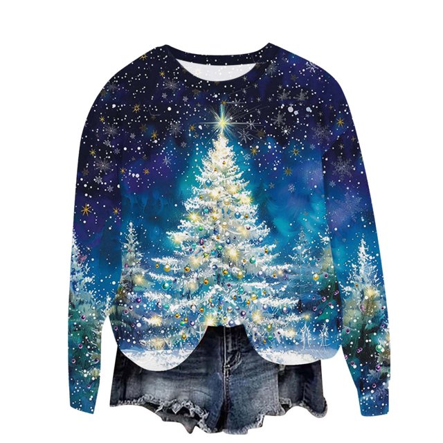 UPPADA Chandails de Noël pour Femmes, Imprimé d'Arbre de Noël, Chandail à Manches Longues, Hauts à Enfiler, Automne, Chandail Confortable, Col Rond de Noël, Chandails du Jour, Offres Octobre 2025