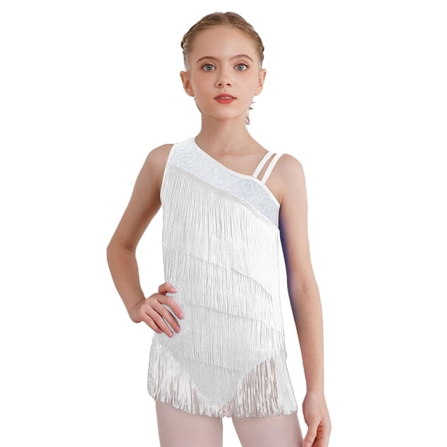 vastwit Robe de Danse Latine à Franges pour Filles, Justaucorps de Performance Jazz Tango à Pampilles, Justaucorps de Gymnastique, Blanc 10