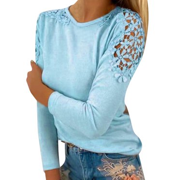 Women's Round Neck Solid Color Hollow Stitching Long Sleeved T Shirt