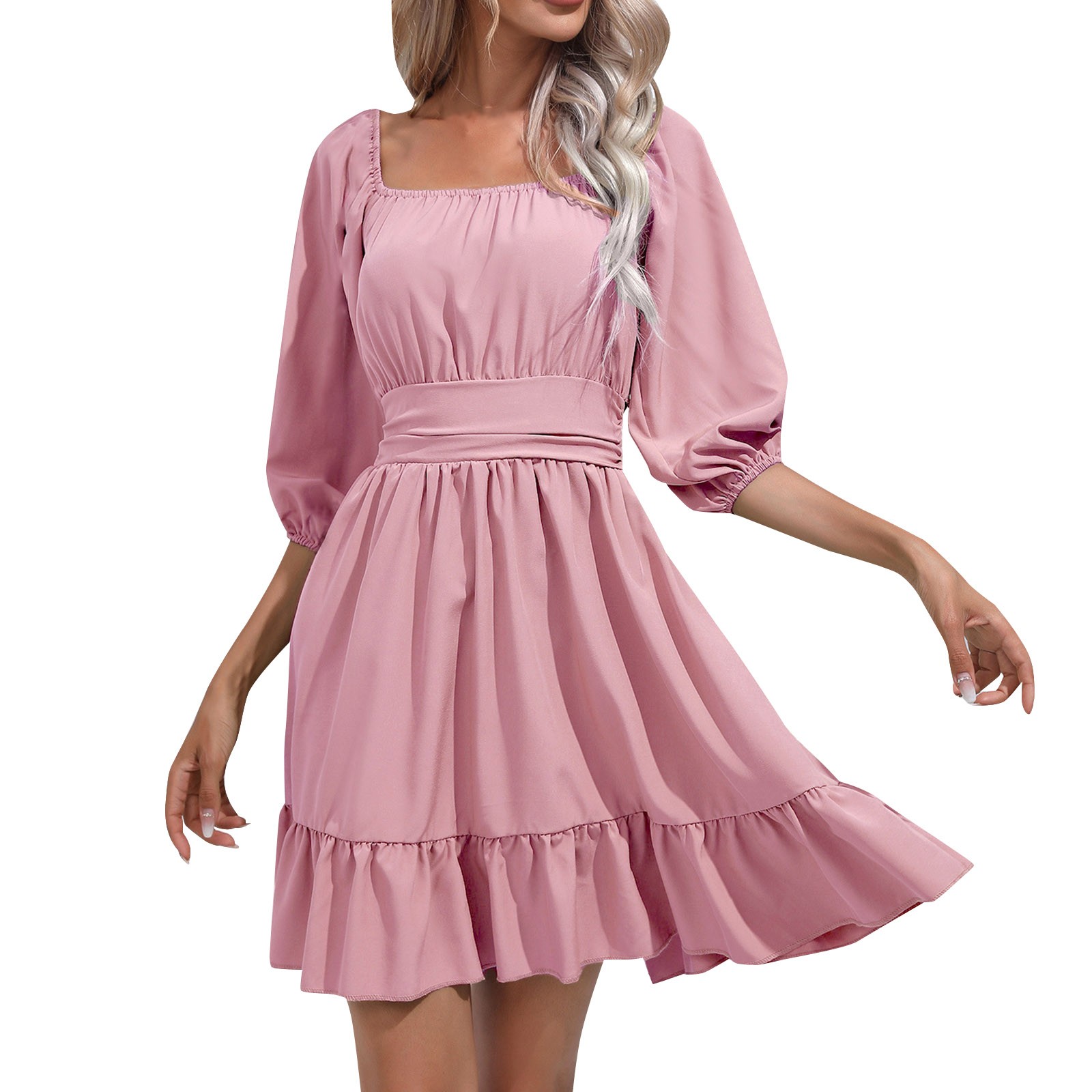 Womens Dress Teen Dresses Summer Personality Female Summer Ruffled Square Neck Dress Simple and Delicate Design Adult Female Clothes Pink Size M