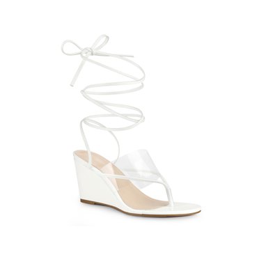BLISSFUL STEP Women's Lace Up Clear Strap Flip Flops Wedge Sandals White 8