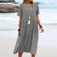 thumbnail image 2 of yoeyez Robes en Coton et Lin pour Femmes pour l'Été, Robes Unies à Col Rond pour Dames, Coupe Ample, Manches Courtes, Robe Midi Décontractée de Plage Évasée Gris, G, 2 of 7