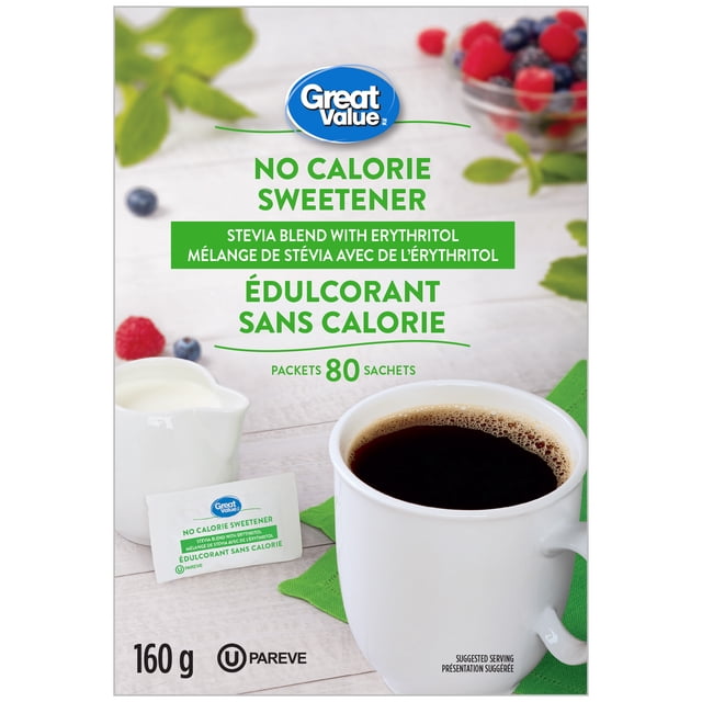 Great Value Stevia No Calorie Sweetener box with 80 single-serving packets of stevia blend with erythritol, displayed with a white cup of black coffee, a white creamer pitcher, and a bowl of mixed berries on a light wooden surface, suitable for reducing sugar calories in drinks and recipes.