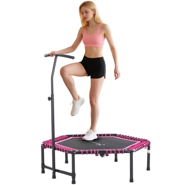 Soozier Trampoline Hexagonal de 48 Pouces pour Adulte, Rebondisseur D\'entraînement Physique, Saut à Élastique, Entraîneur Cardio, Sautoir d'Extérieur, Barre Ajustable, Rose