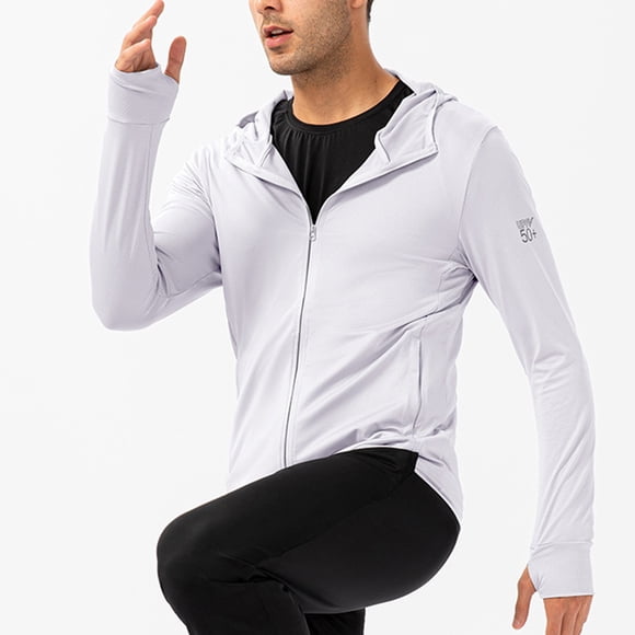 Pisexur Sun Protection Clothing Men UPF 50 Long Sleeve Shirt Men Outdoors Sunscreen Solid Color Pockets Sleeve Cover Sports Ditness Training Long Sleeved Hooded Casual White,M