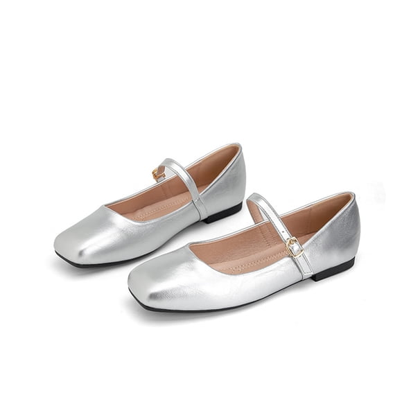 Commforr Mary Jane Shoes Women Women's Shoes Womens Flats Women's Silver Square Toe Mary Jane Flats: Comfortable Casual Slip On Dress Shoes with Buckle Strap for Women's Daily Wear Silver 9