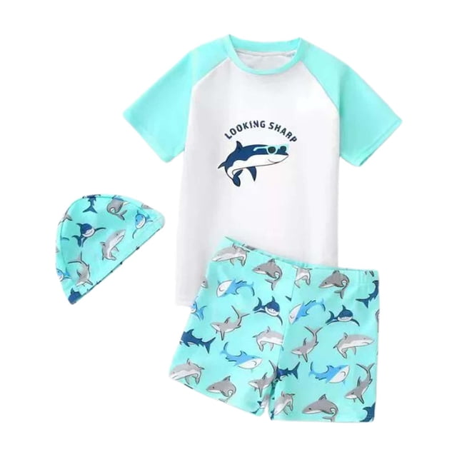 MIASHUI Boys Two Piece Rash Guard Swimsuits Kids Short Sleeve Swimwear Sets with Hat,Light Blue,3-4 Years