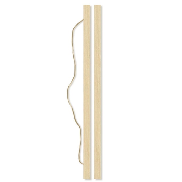 Deux Cintres Verticaux en Bois Clair pour Affiches avec une Finition Naturelle, Reliés par un Fin Cordon Suspendu beige, Conçus comme Accessoire d'Exposition Murale pour Tenir et Monter des Affiches Ou des Tirages d'Art en Toute Sécurité.