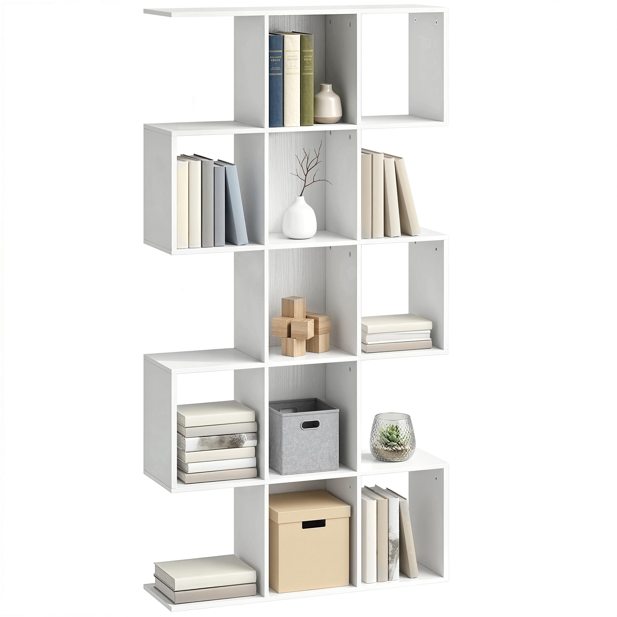 HOMCOM 5-Tier Bookshelf, S Shaped Geometric Bookcase, White Wood Grain
