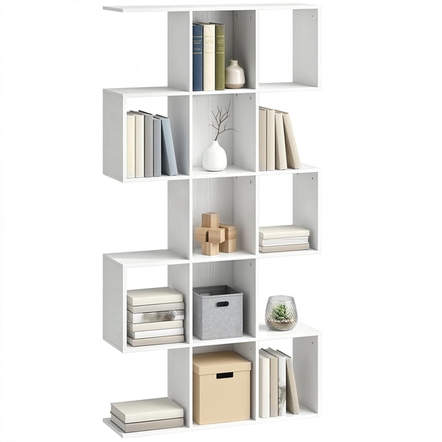 HOMCOM Bibliothèque à 5 Niveaux, Étagère Géométrique en Forme de S, Grain de Bois Blanc