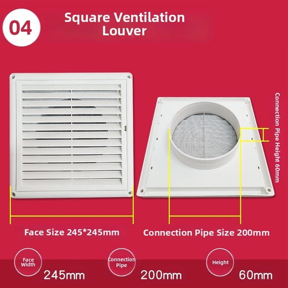 Conduit d'Air Carré pour Systèmes de Ventilation Mécanique avec Filtre de Sortie à Persiennes Inclinées et Protection contre le Vent et la Pluie Extérieurs