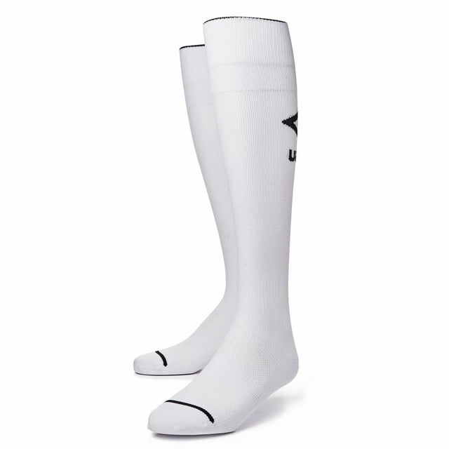 Umbro JR Soccer Socks White Boys Unisex, a pair of white knee-high youth soccer socks with black Umbro logo on the calf, seamless toe, and black trim on toe and cuff, made with moisture-wicking fabric and mesh vents for breathability and comfort, also suitable for general athletic use.