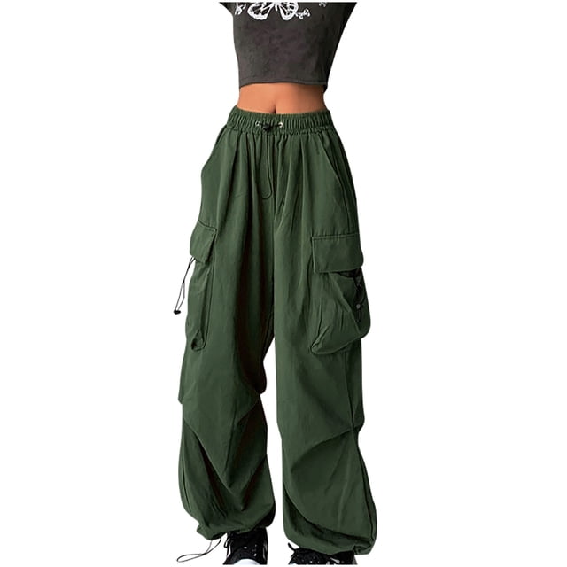Timegard Cargo Pants for Women Elastic High Waisted Drawstring Baggy Streetwear Trousers with Pockets