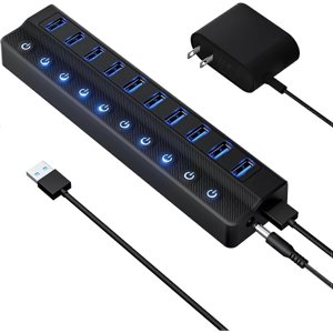 Powered USB Hub 3.0, 10 port USB Splitter Hub, separate opening/closing switches and 12V/2A power adapter USB extension 10 port port 3.0