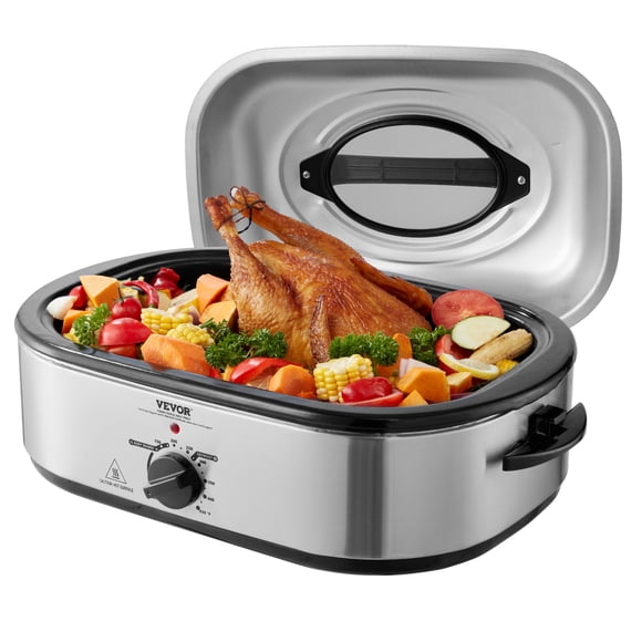 VEVOR Electric Roaster Oven, 26 lb 22 QT Turkey Roaster Oven with Self-Basting Lid, Roaster Oven with Removable Pan, Defrost & Warm Function, Adjustable Temperature, Visible & Self-basting Lid, Silver