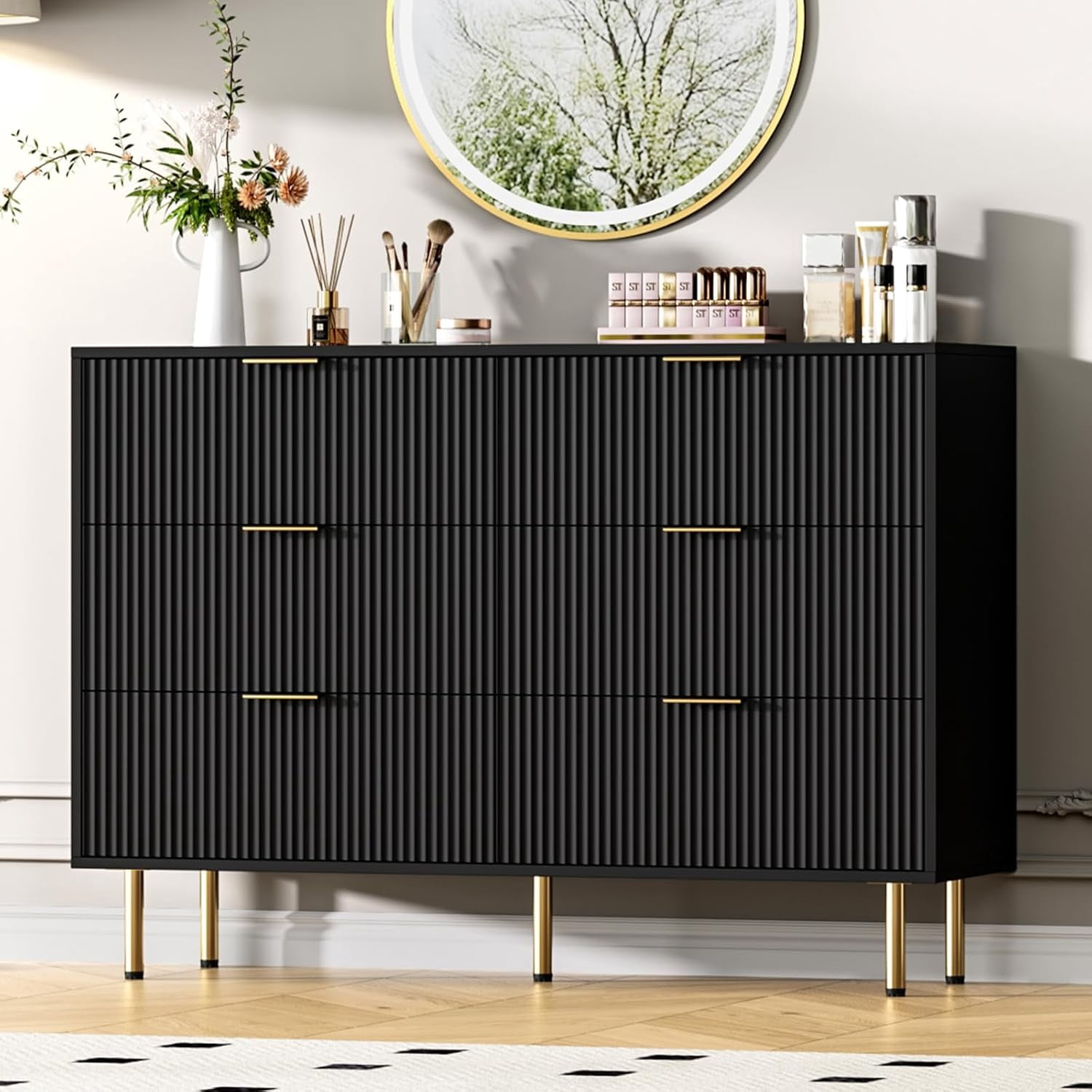 6 Drawers Dresser for Bedroom, Fluted Dresser Chest of Drawers with Handle, Wood Modern Dressers for Closet, Bedroom Furniture Storage Organizer for Living Room, Hallway