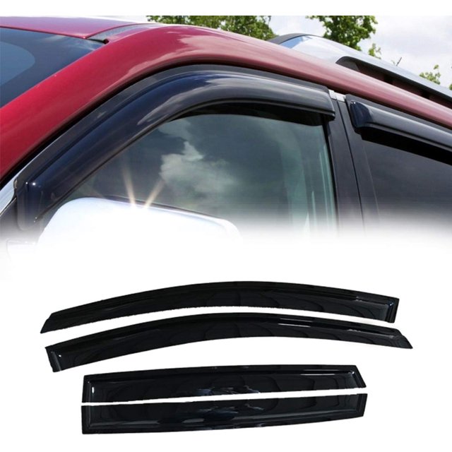 GFDYREE JJ 94383 dark smoke wind sun rain guard vent shade deflector window visors for 2013-2018 Escape. Includes 4 pieces for front and rear windows, designed for outside mount style with easy peel-and-stick installation. Shown installed on a red vehicle with a close-up of the visors above the windows.