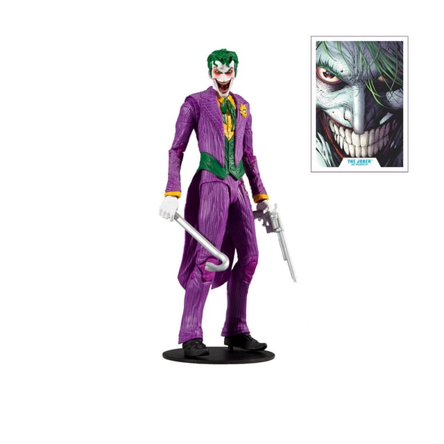 McFarlane Toys - DC Multiverse - The Joker DC Rebirth Figurine Articulée de 7 Pouces en Complet à Rayures Violettes avec Gilet Vert et Chemise Jaune, Tenant un Pied-de-Biche Argenté et un revolver, Debout sur une base Noire avec une Carte d'Art de collection Présentant le Visage et la Biographie du Joker, Convient à l'Exposition Ou à la collection.
