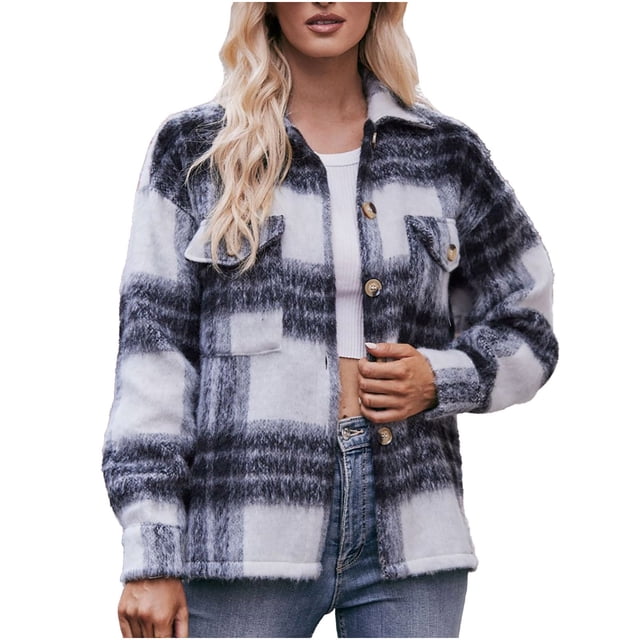 Penkiiy Veste Sans Capuche Ample à Carreaux Imprimée pour Femme m Bleu