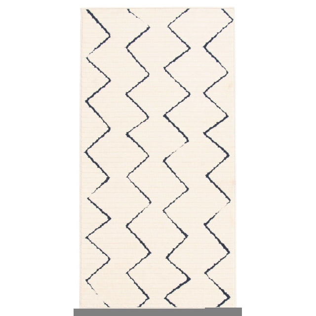 ECARPET Indoor/Outdoor for Balcony, Patio and Garden Raya Blue, Ivory Rug, a rectangular runner rug featuring a modern blue zigzag pattern on an ivory background, fade resistant and pet friendly, suitable for mid-century modern and urban interiors, ideal for both indoor and outdoor use.