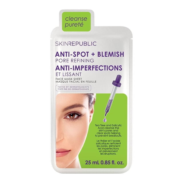 Skin Republic Spot and Blemish Face Mask sachet with pore refining anti-spot and anti-imperfections formula featuring tea tree and salicylic acid to cleanse pores and clear spots, shown in a white and green packet with purple text and dropper illustration, 0.85 fl. oz.