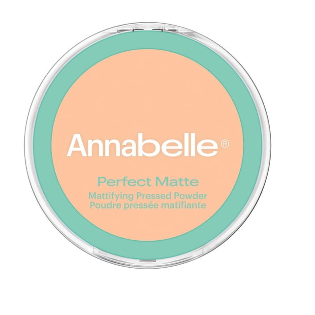 Annabelle Perfect Matte Talc-Free Pressed Powder in a round compact with clear lid, peach center label and teal border, designed for shine control and a sheer matte finish to set face makeup.