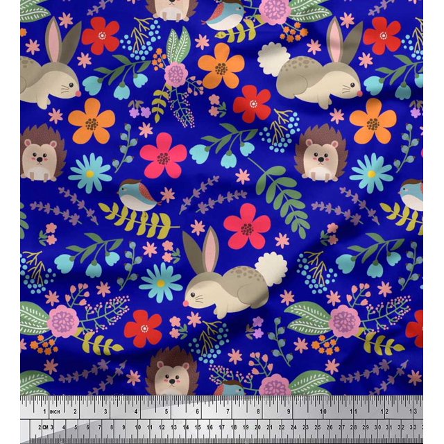 Soimoi Moss Tissu Georgette Floral, Tissu Imprimé Dessin Animé Rabbit & Porcupine 1 Yard 42 Pouces de Large