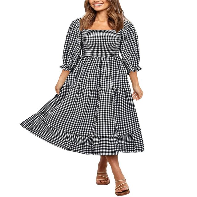 MesaSe Femmes Été Bohème Robe Adultes Off-Épaule Smocké Volants Manches Plaid Sundress