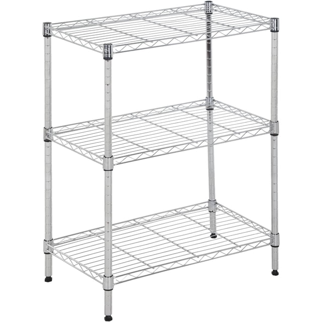 FDW Étagère Étagère Robuste à 3 Niveaux en Métal avec Capacité Totale de 450 Lb, Certifiée NSF, Dotée d'Une Finition Chromée et de Pieds Ajustables pour la Stabilité. la Conception Gain de Place Comprend Trois Tablettes Grillagées Supportées par des Poteaux Métalliques Robustes, Idéale pour Ranger des Fournitures de Cuisine, des Outils de garage Ou des Articles de Garde-Manger. Convient à un Usage Résidentiel et commercial, avec Assemblage Facile pour une Installation Rapide.
