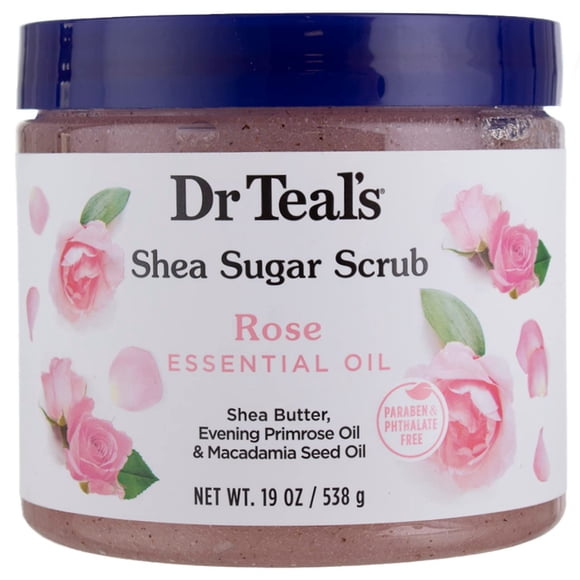 Dr. Teal's Shea Sugar Scrub Rose - Exfoliates and Smoothes Skin, Formulated with Shea Butter, Sugar, and Essential Oils, 19 Ounce Jar
