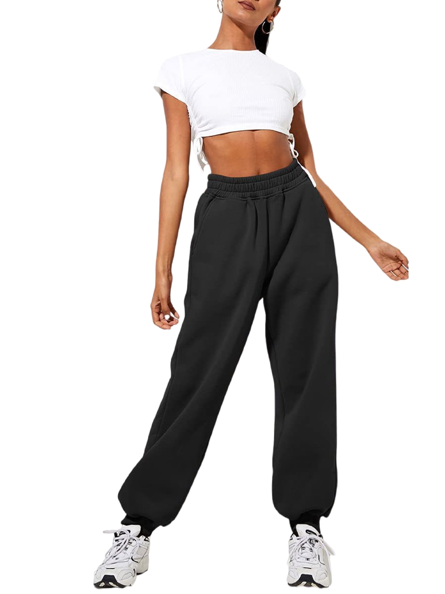 MAWCLOS Ladies Trousers Solid Color Sweatpants High Waist Jogger Pants Lounge Sports With Pockets Bottoms Black M