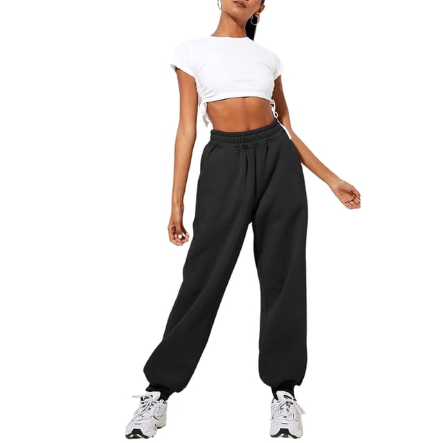 MAWCLOS Ladies Trousers Solid Color Sweatpants High Waist Jogger Pants Lounge Sports With Pockets Bottoms Black M