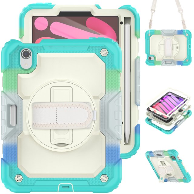 Case for iPad Mini 7 A17 Pro 2024/Mini 6 2021 8.3 Inch 7th/6th Gen with Screen Protector, 360 Degree Rotating Kickstand Hand Strap Shockproof Cover with Shoulder Strap, Rainbow Blue