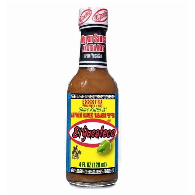 El Yucateco Exxxtra Habanero Pepper Hot Sauce in a 120 ml clear glass bottle with a yellow label featuring red and black text, a green habanero pepper image, and a white cap with red El Yucateco logos, highlighting its extra hot Mayan Kutbil-ik recipe from Yucatán, suitable for adding intense heat to meals.