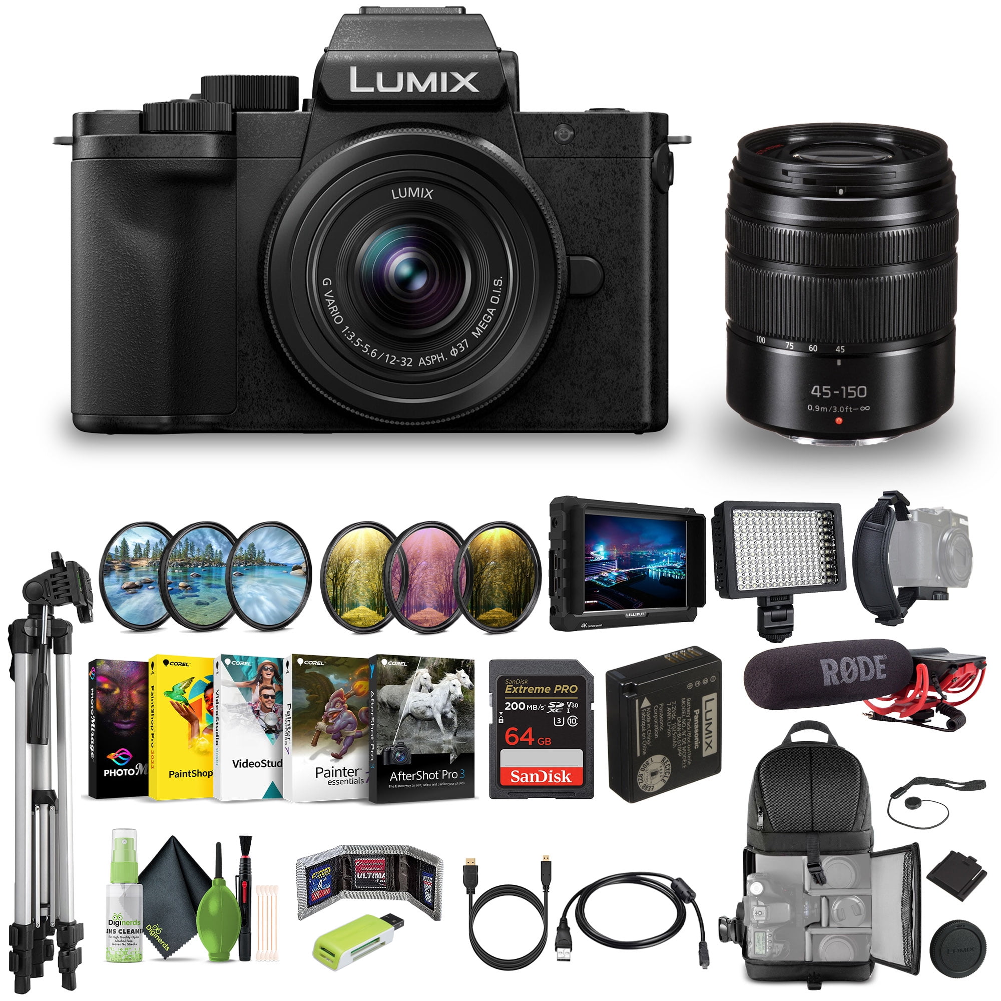 Panasonic Lumix G100D 4K Mirrorless Vlogging Camera with 12-32mm Lens and G Vario 45-150mm, Vlogger Bundle with Lilliput 7" Monitor + Tripod + Cleaning Kit + RODE Video Microphone + Accessories
