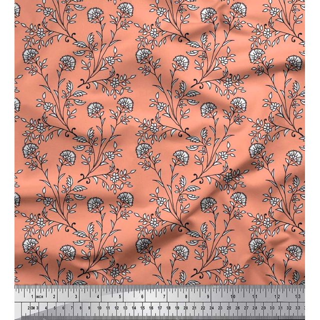Soimoi Poly Georgette Fabric Leaves & Floral Block Decor Fabric Printed Yard 52 Inch Wide