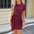 thumbnail image 2 of Dvkptbk Womens Summer Bodycon Dress Solid Color Crew Neck Party Dress Ribbed Slim Fit Ruched Bodycon Casual Mini Dresses, 2 of 7