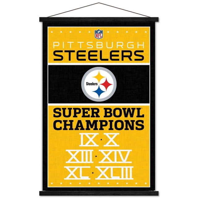 NFL Pittsburgh Steelers - Affiche Murale Champions 13, 22,375 Po x 34 Po Mettant en Vedette le logo des Pittsburgh Steelers avec des Astroïdes Jaunes, Rouges et Bleus sur Fond Noir et Jaune, Mettant en Valeur Leurs Championnats de Super Bowl avec des Chiffres Romains IX, x, XIII, XIV, TG et XLIII, Idéale pour la Déco de Chambre de fan de sports Ou l'Exposition au Bureau.