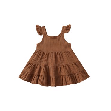 Honganda Girls Casual Ruffled Hem Dress, Solid Color U-neck Sleeveless One-piece for Summer, Brown/ Pink