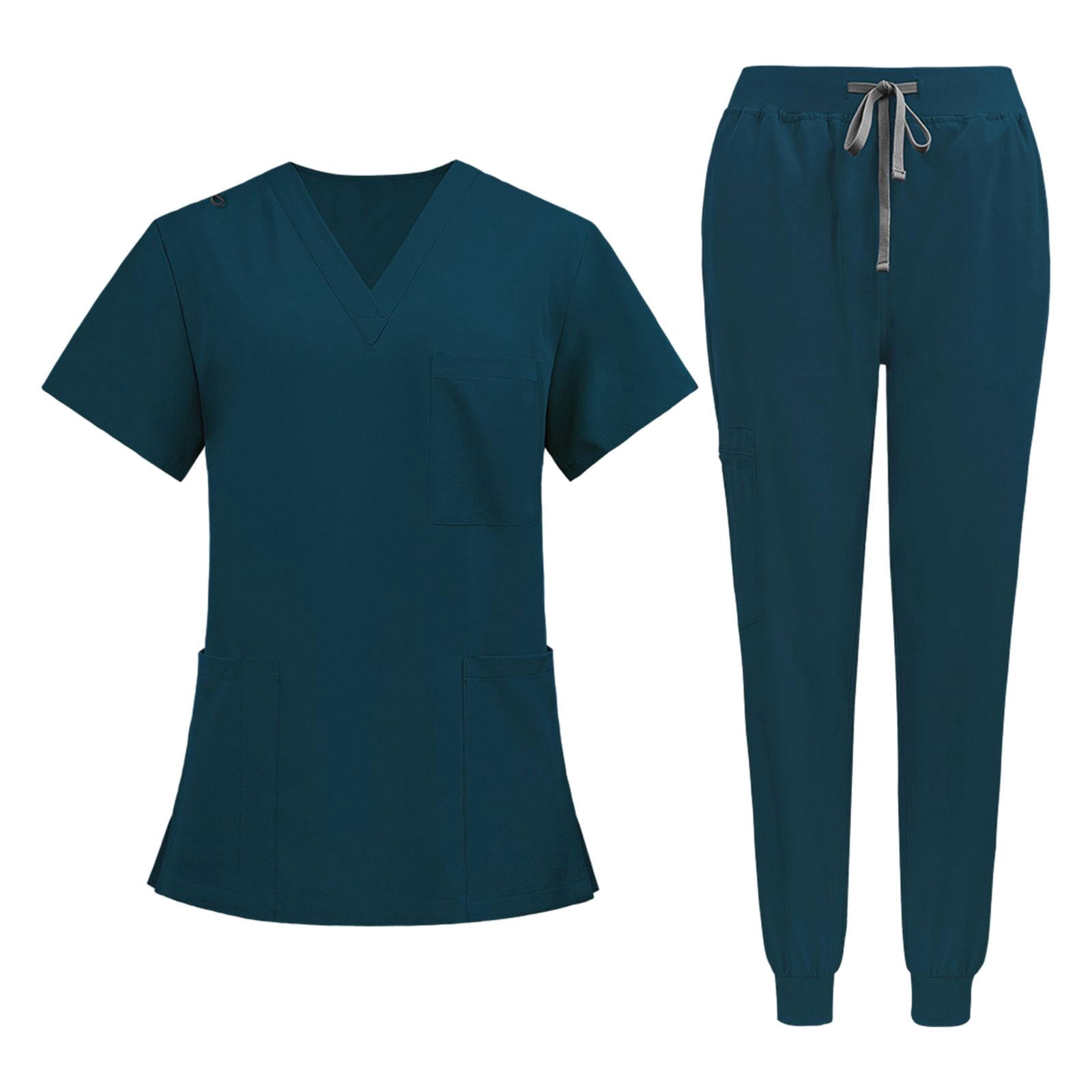 Tachiuwa Nursing Uniform Scrub Set Nurse Top and Pants V Neckline Clothes Work Suits M