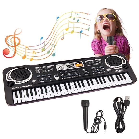 Jouets Piano Clavier 61 Touches pour Enfants, Instrument de Musique Électronique Piano avec Microphone, Jouet Clavier Piano pour Tout-Petits Cadeau pour Garçons Filles de 1 2 3 4 5 Ans, Noir