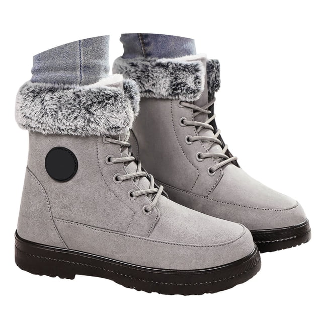 Mepaouo Bottes d'Hiver pour Femmes à la Cheville en Gris, Dotées d'Un design Imperméable avec Fermeture à Lacets et Semelles Antidérapantes. Ces Bottines de Randonnée Ont une Doublure en Fausse Fourrure pour Plus de Chaleur et de Confort, Idéales pour la Marche en Plein Air par Temps Froid.