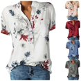 thumbnail image 3 of Chemise Femme à Imprimé Floral, Chemise Décontractée, Blouse à Col en V, Haut à Manches Courtes, Rouge, 4TG, 3 of 5