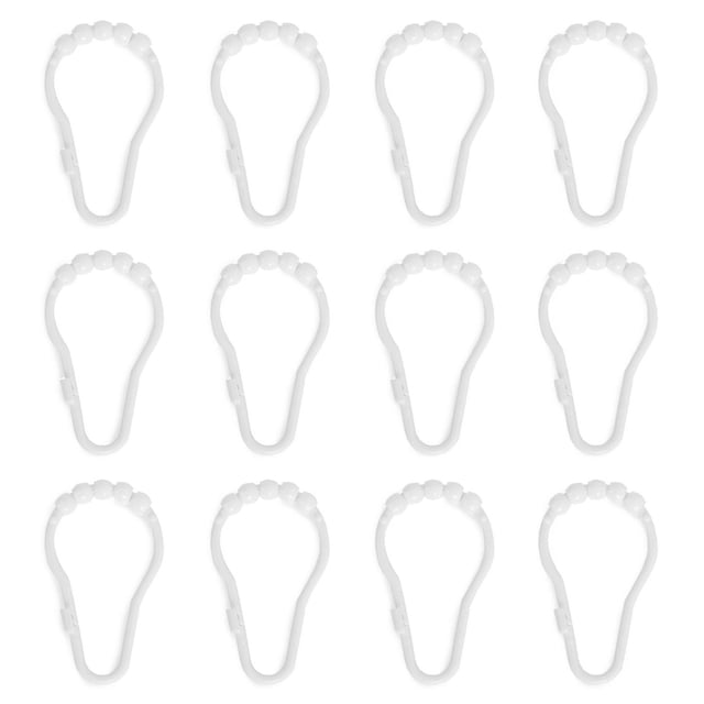 Mainstays Plastic Glide Shower Hooks, white, set of 12, displayed in a 3 by 4 grid on a white background. Each durable plastic hook has four round glide beads for smooth sliding and secure fit on standard shower rods, compatible with most shower curtains and liners.