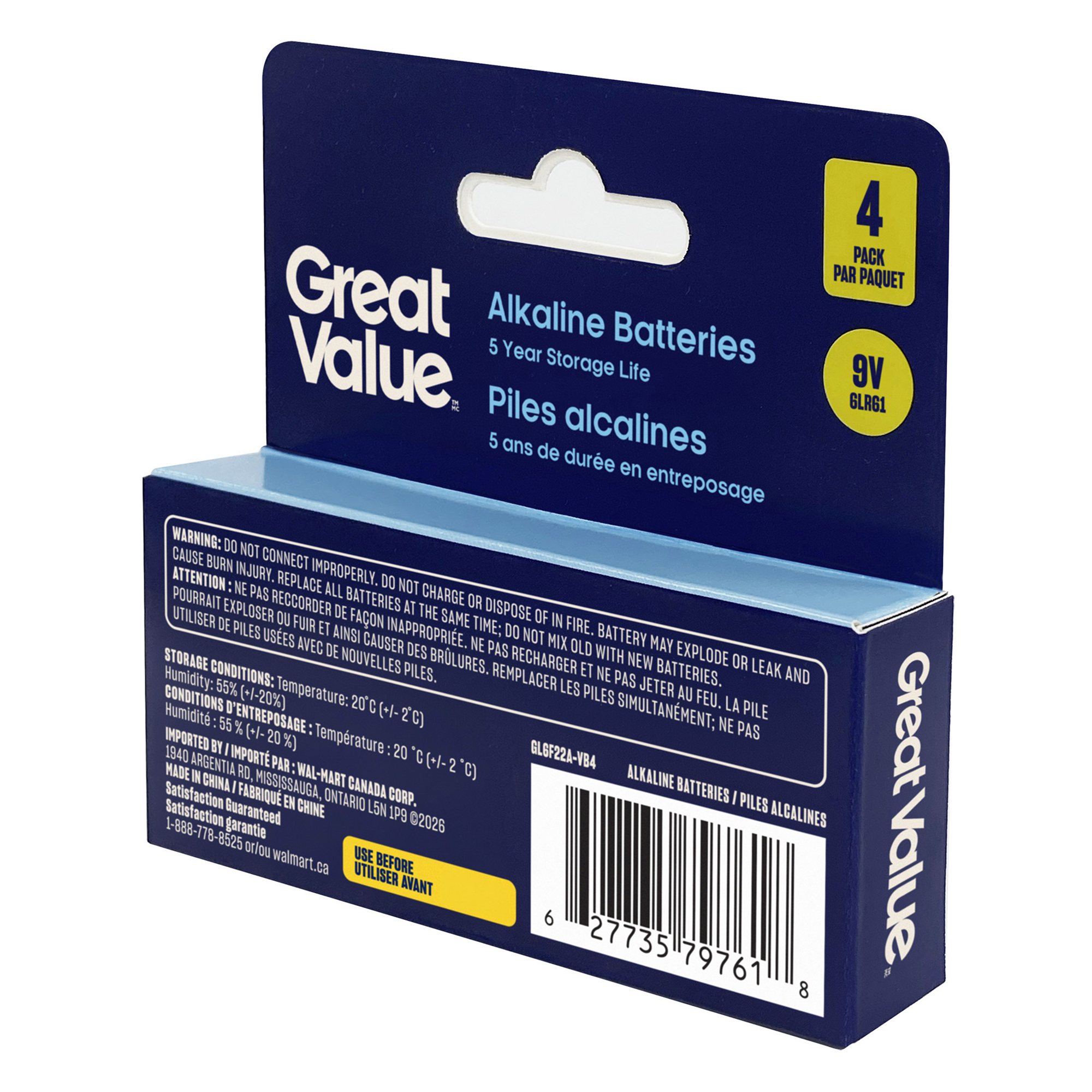 Great Value 9V 6LR61 Alkaline Batteries 4 Pack