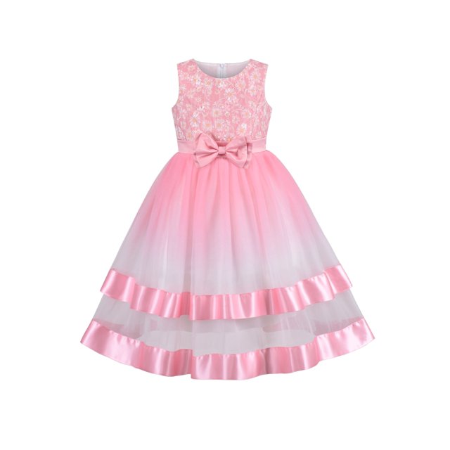 Girls Dress Pink Gradient Color Party Pageant Flower Lace Top Sleeveless 7 Years